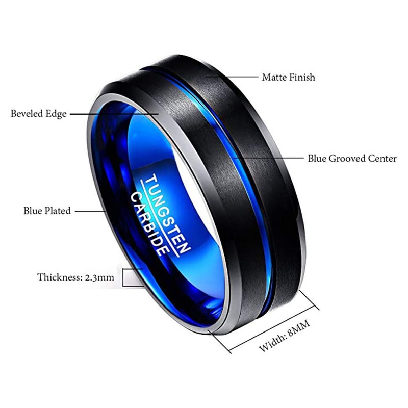 NUNCAD Black Blue Tungsten Ring for Men Women with Blue Polished Groove Matte Finish Engagement Wedding Bands Comfort Fit Size 13 - Image 5